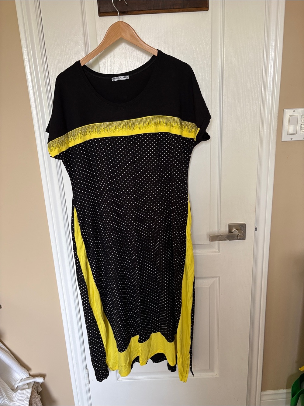Black & Yellow Polka Dot Midi Dress with Contrast Panels